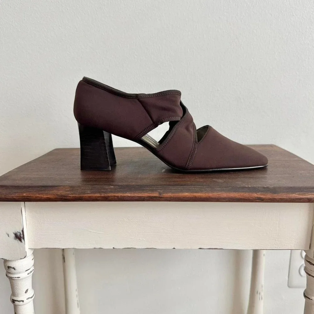 Vintage 90s‎ Chocolate Brown Heel Fabric y2k minimal designer block square toe